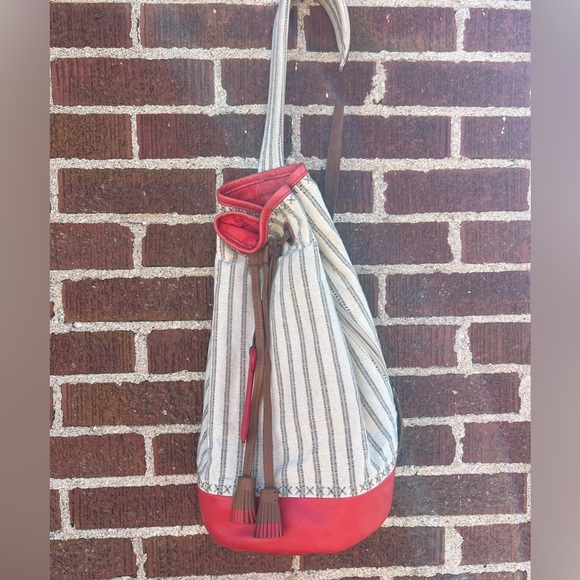 Fossil Striped Over the Shoulder Bag with Red Leather Accents Cinch Closure - Picture 1 of 6